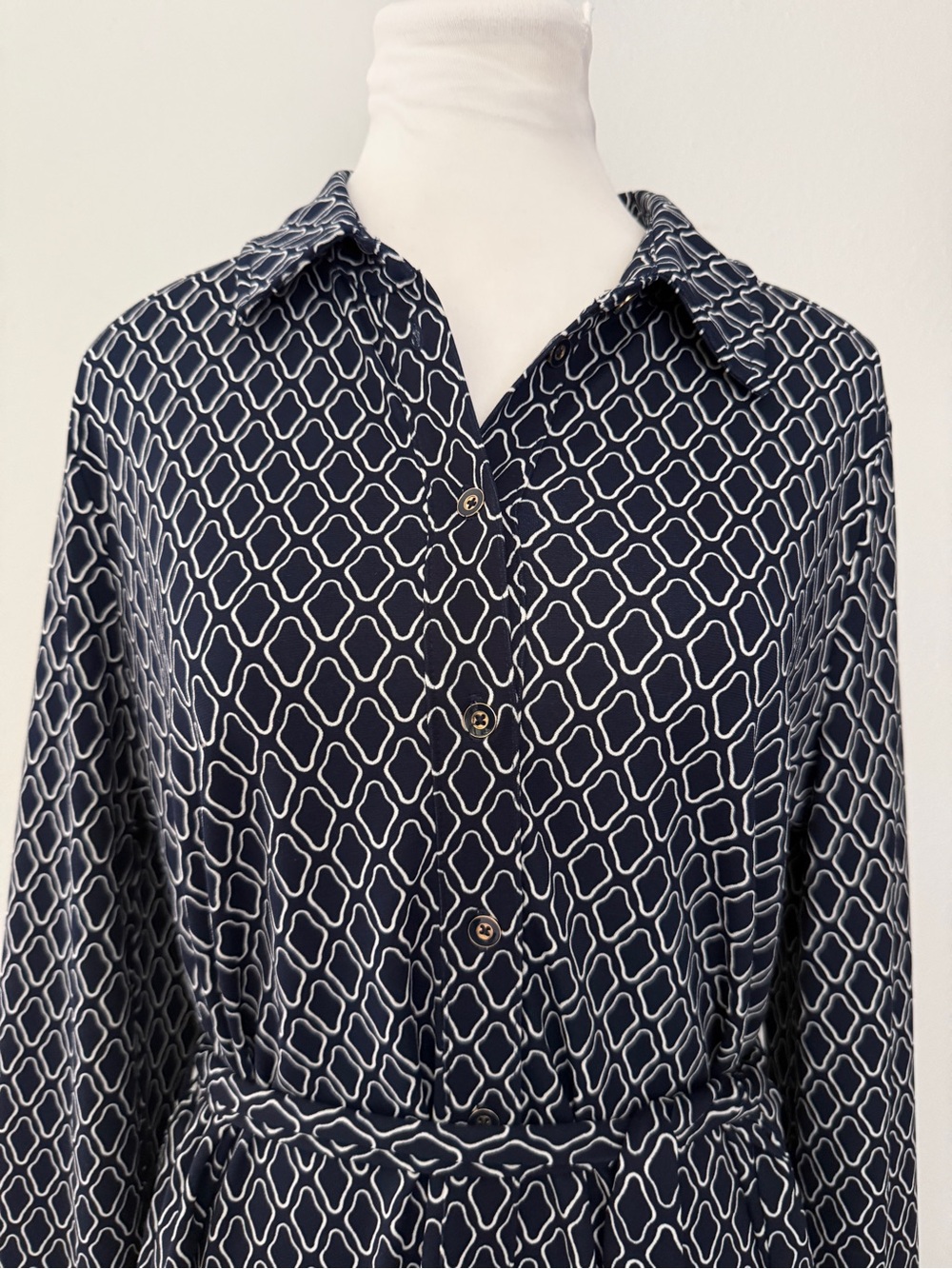 Talbots Navy and White Geometric Tie-Waist Long Sleeve Shirt Dress Large - Picture 3 of 12